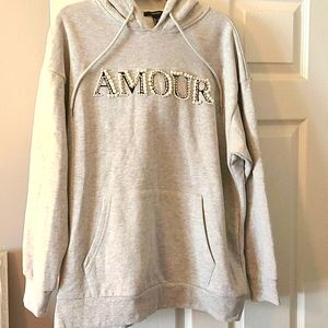 Gray hooded sweat shirt w/ pearl beading